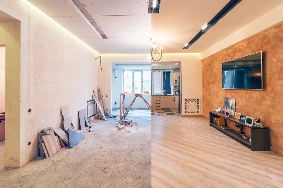 Vorher nacher vergleich eines modernisierten Wohnzimmers